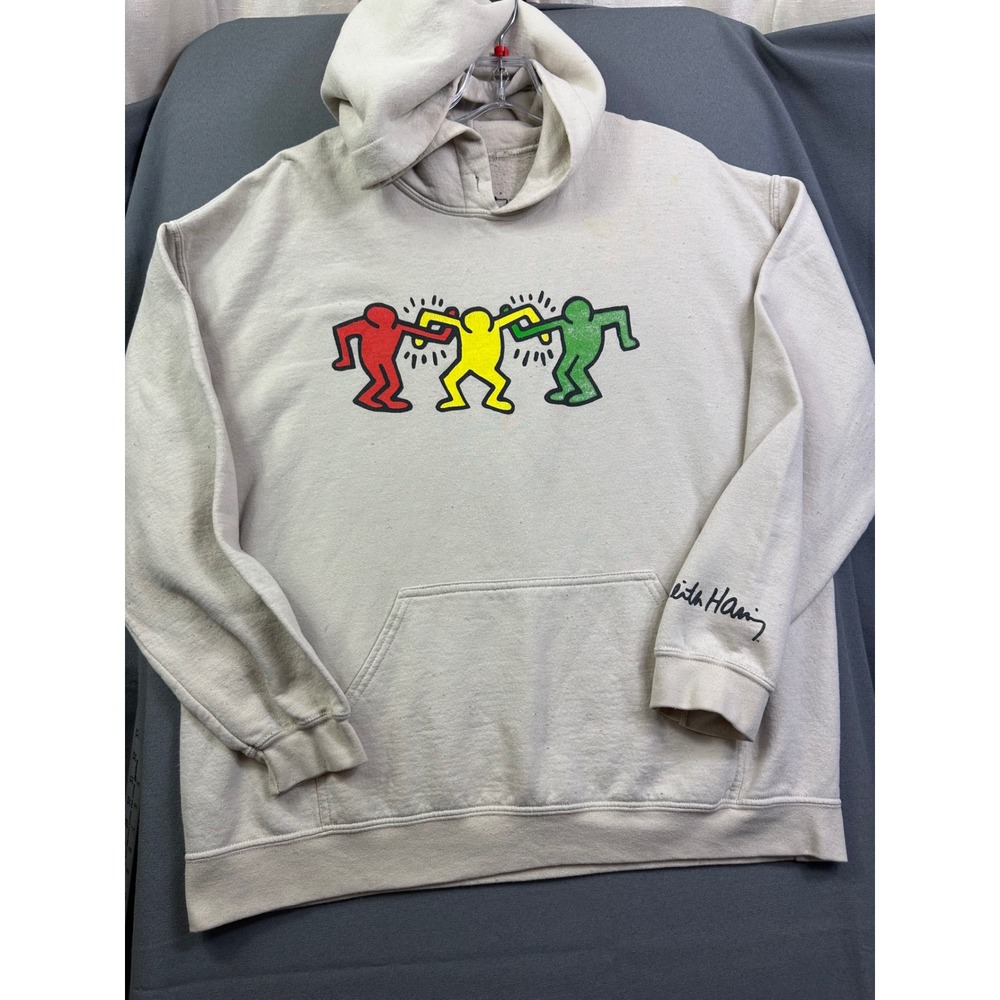 Keith Haring Dancing Figures Graphic Hoodie Beige Oatmeal Men's Large Sweatshirt
